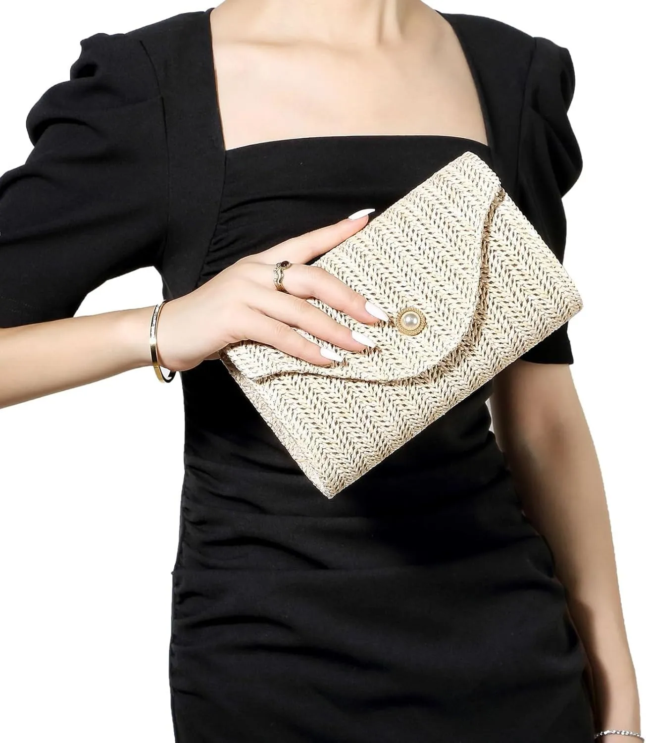Women’s Trendy Straw Clutch Bag Straw Crossbody Bags For Women Summer Vacation Beach Purse Evening Purse With Pearl