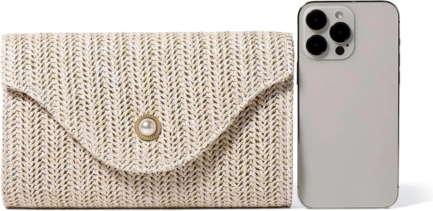 Women’s Trendy Straw Clutch Bag Straw Crossbody Bags For Women Summer Vacation Beach Purse Evening Purse With Pearl