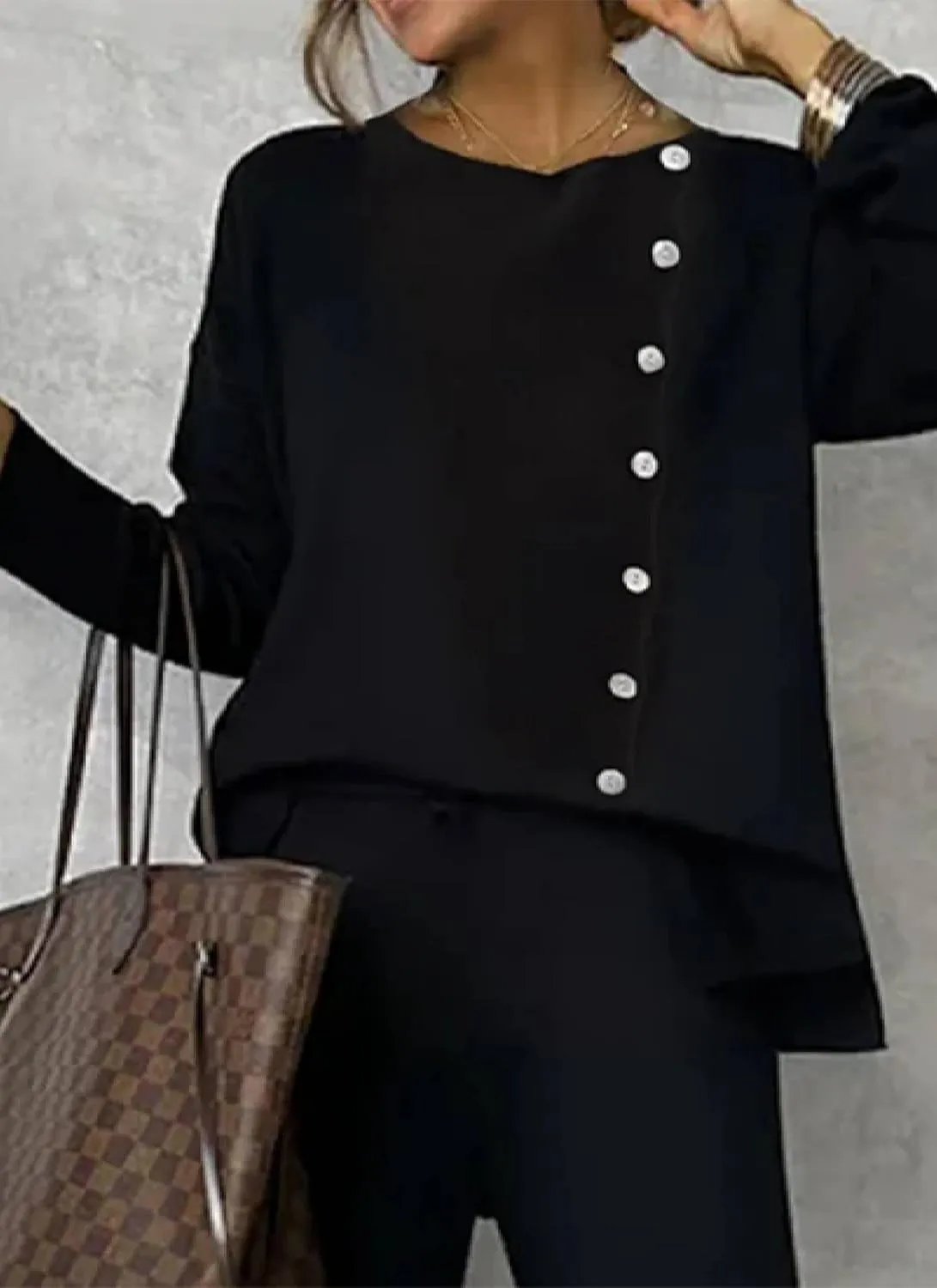 Womens Two Piece Lounge Sets Casual Summer Outfits 2 Piece Modern Black Plain Round Neck Tops and Wide Leg Pants