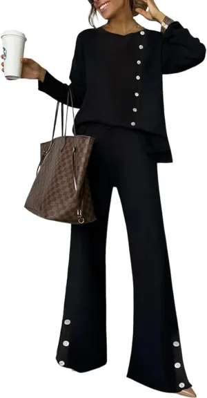 Womens Two Piece Lounge Sets Casual Summer Outfits 2 Piece Modern Black Plain Round Neck Tops and Wide Leg Pants