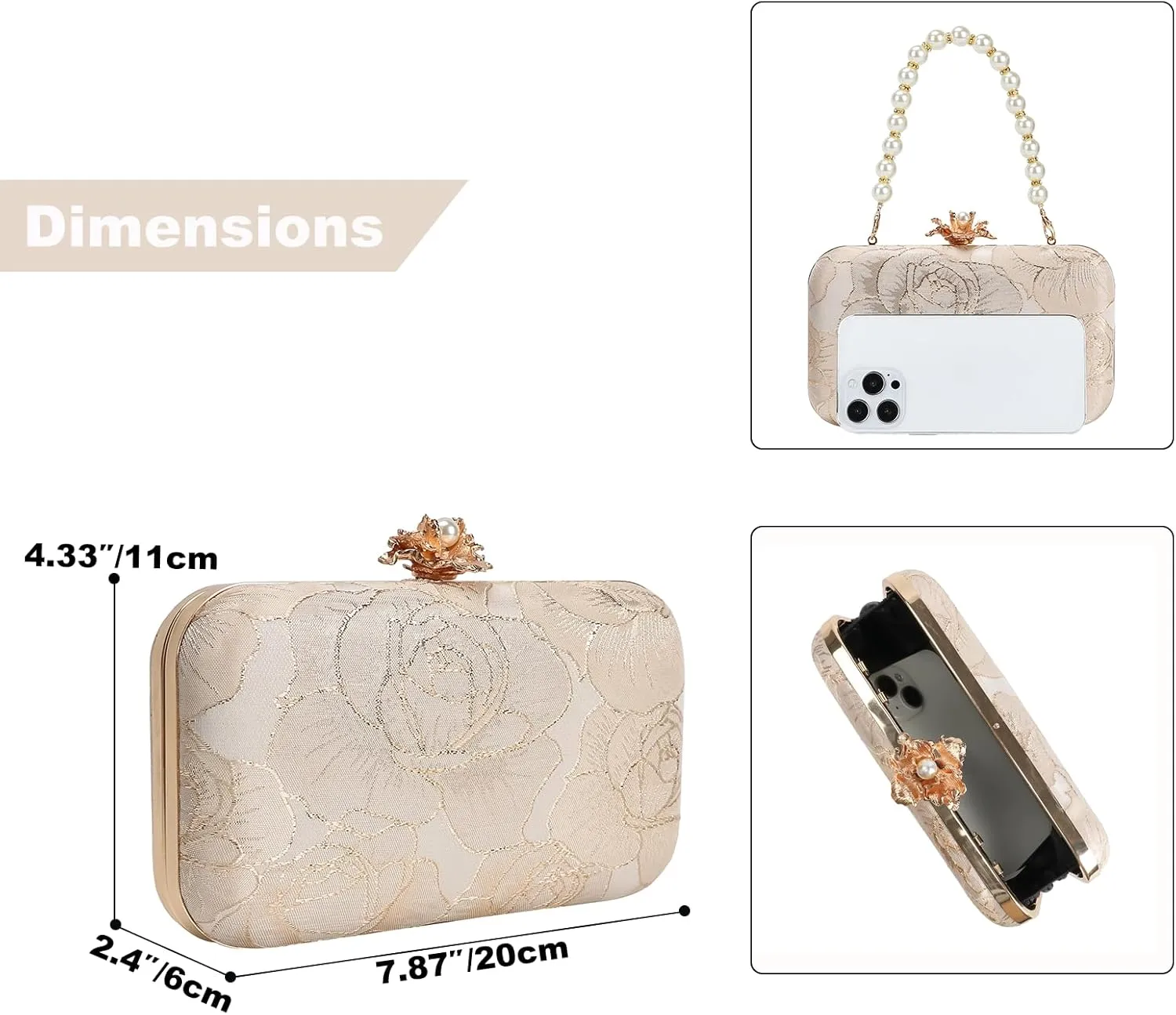 Womens Vintage Floral Embroidery Clutch Evening Handbag Shoulder Bags Purse for Wedding Party Prom