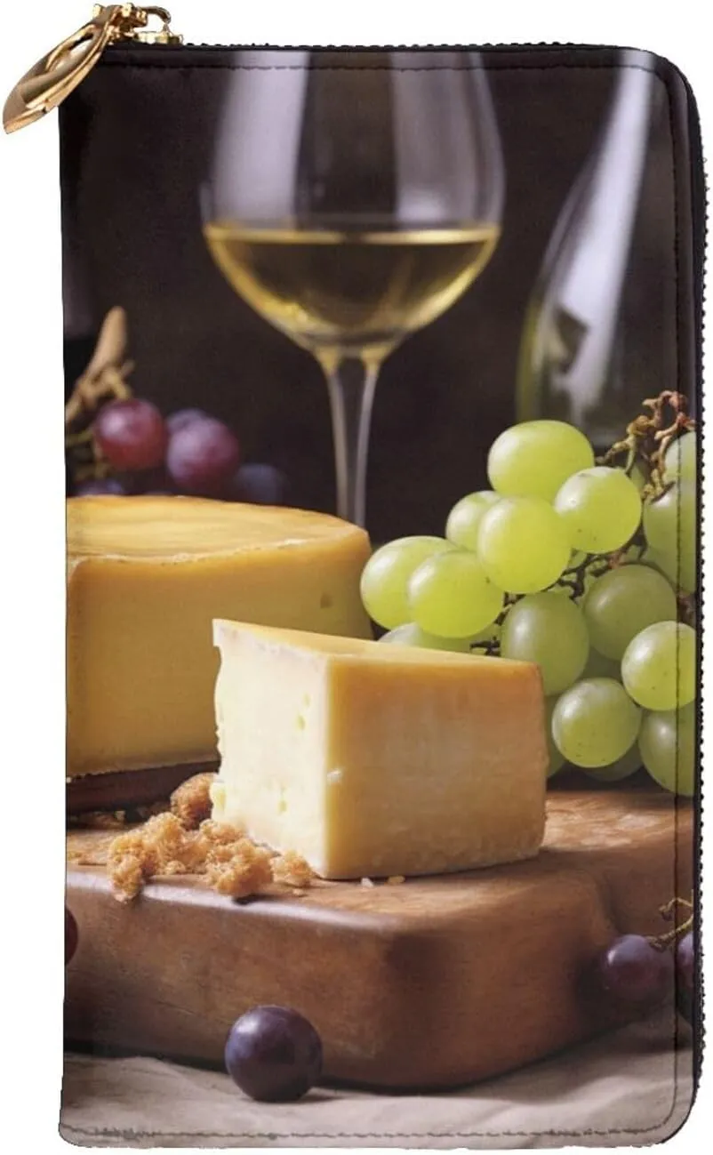 Womens Wallet Leather Slim Wallet Long Card Holder Case Zip Clutch White Wine Cheese Cake Grapes Travel Purse