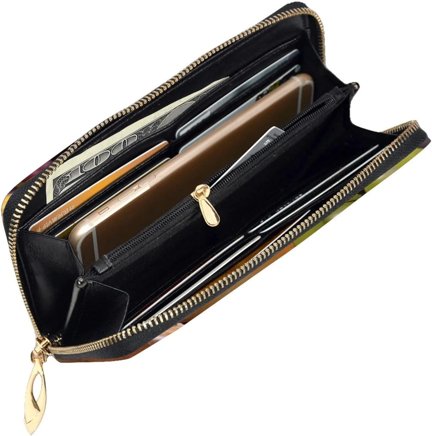 Womens Wallet Leather Slim Wallet Long Card Holder Case Zip Clutch White Wine Cheese Cake Grapes Travel Purse