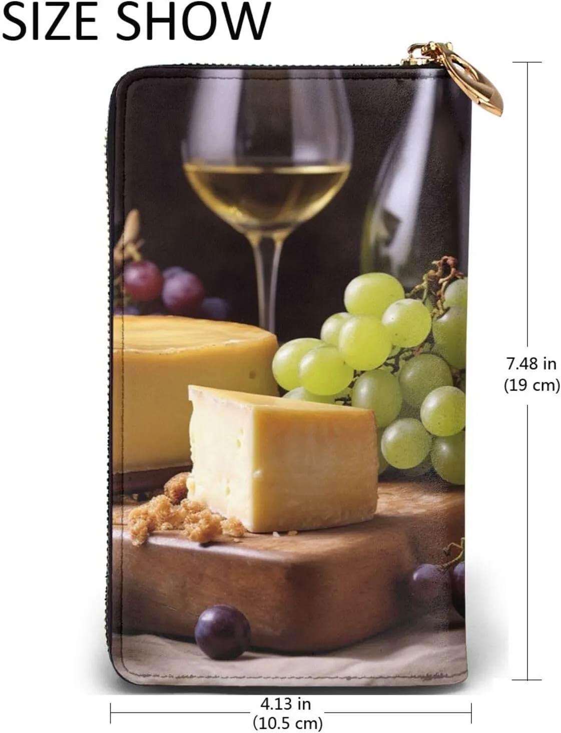 Womens Wallet Leather Slim Wallet Long Card Holder Case Zip Clutch White Wine Cheese Cake Grapes Travel Purse