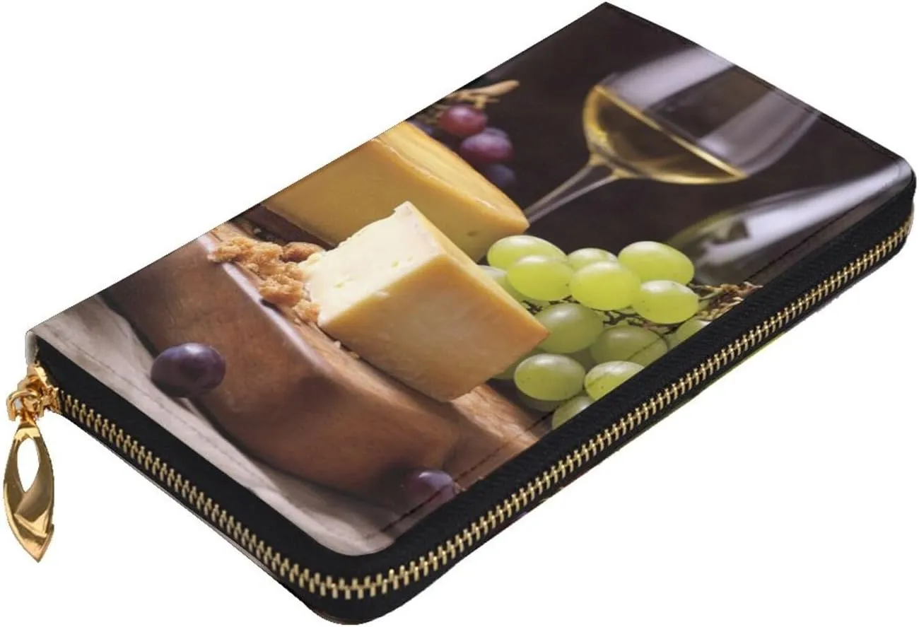 Womens Wallet Leather Slim Wallet Long Card Holder Case Zip Clutch White Wine Cheese Cake Grapes Travel Purse