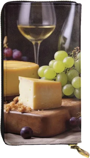 Womens Wallet Leather Slim Wallet Long Card Holder Case Zip Clutch White Wine Cheese Cake Grapes Travel Purse