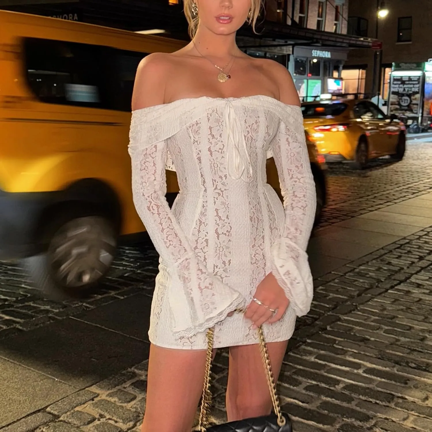 Women's Y2k Off Shoulder Lace Mini Dress Sexy Long Sleeve Club Party Cocktail Elegant Dress Boat Neck Bodycon Dress