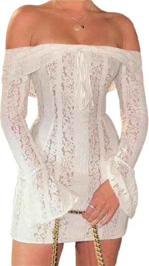Women's Y2k Off Shoulder Lace Mini Dress Sexy Long Sleeve Club Party Cocktail Elegant Dress Boat Neck Bodycon Dress