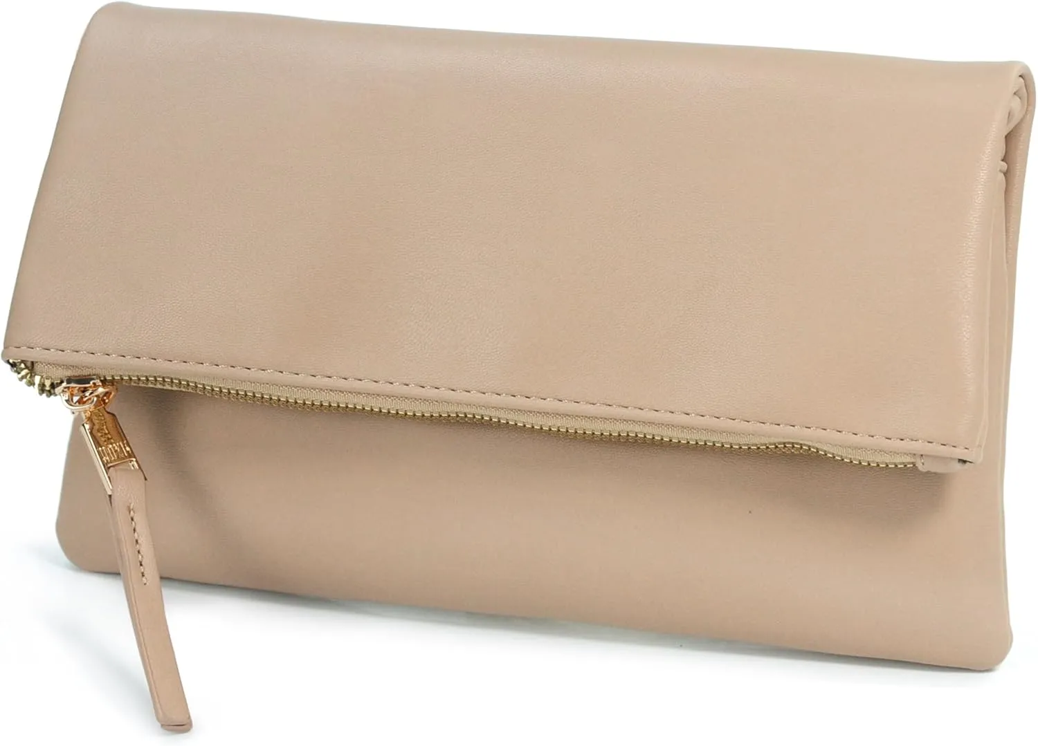 Women's Zipper Foldover Clutch Vegan Leather Envelope Cross body Bag with Chain Strap (Nude)