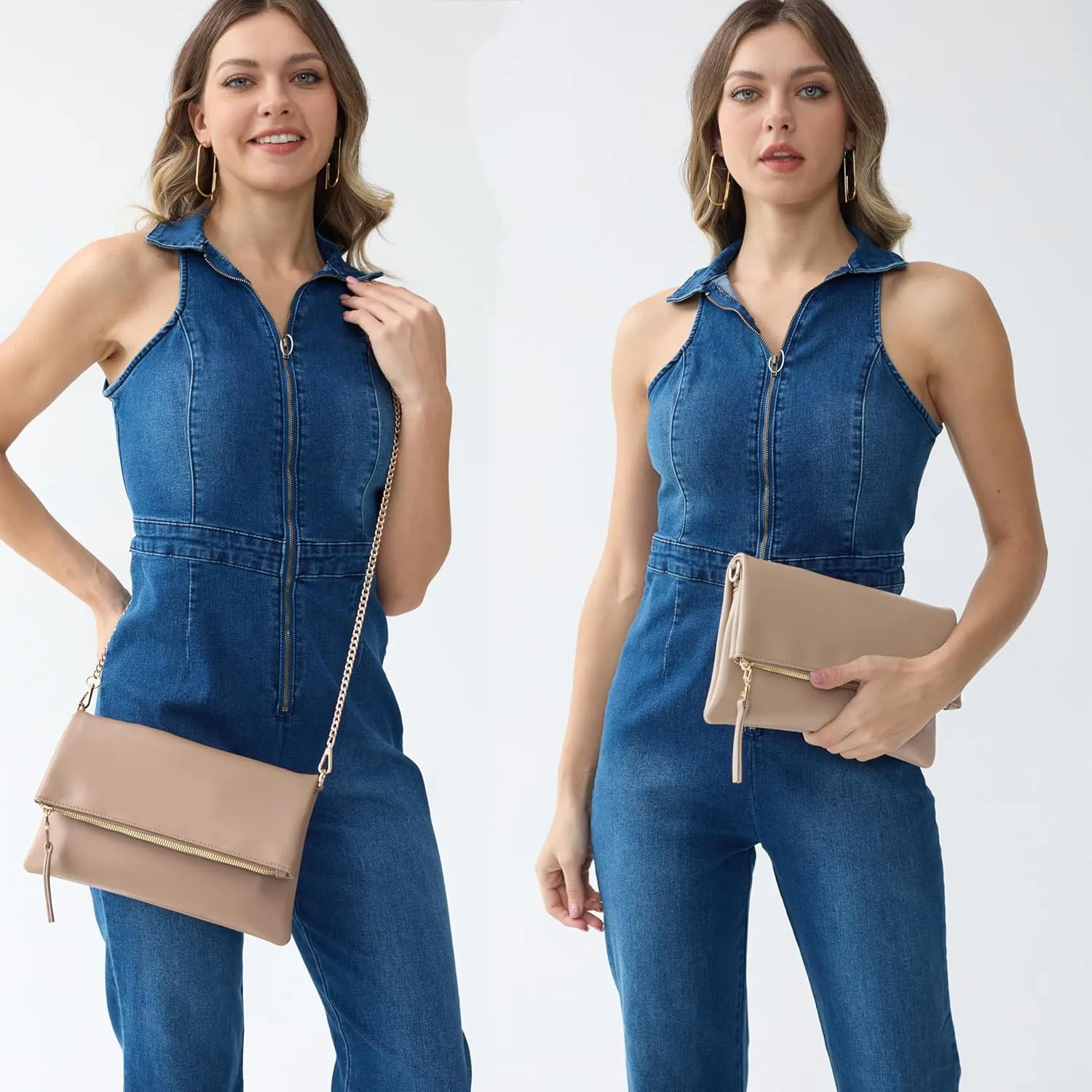 Women's Zipper Foldover Clutch Vegan Leather Envelope Cross body Bag with Chain Strap (Nude)