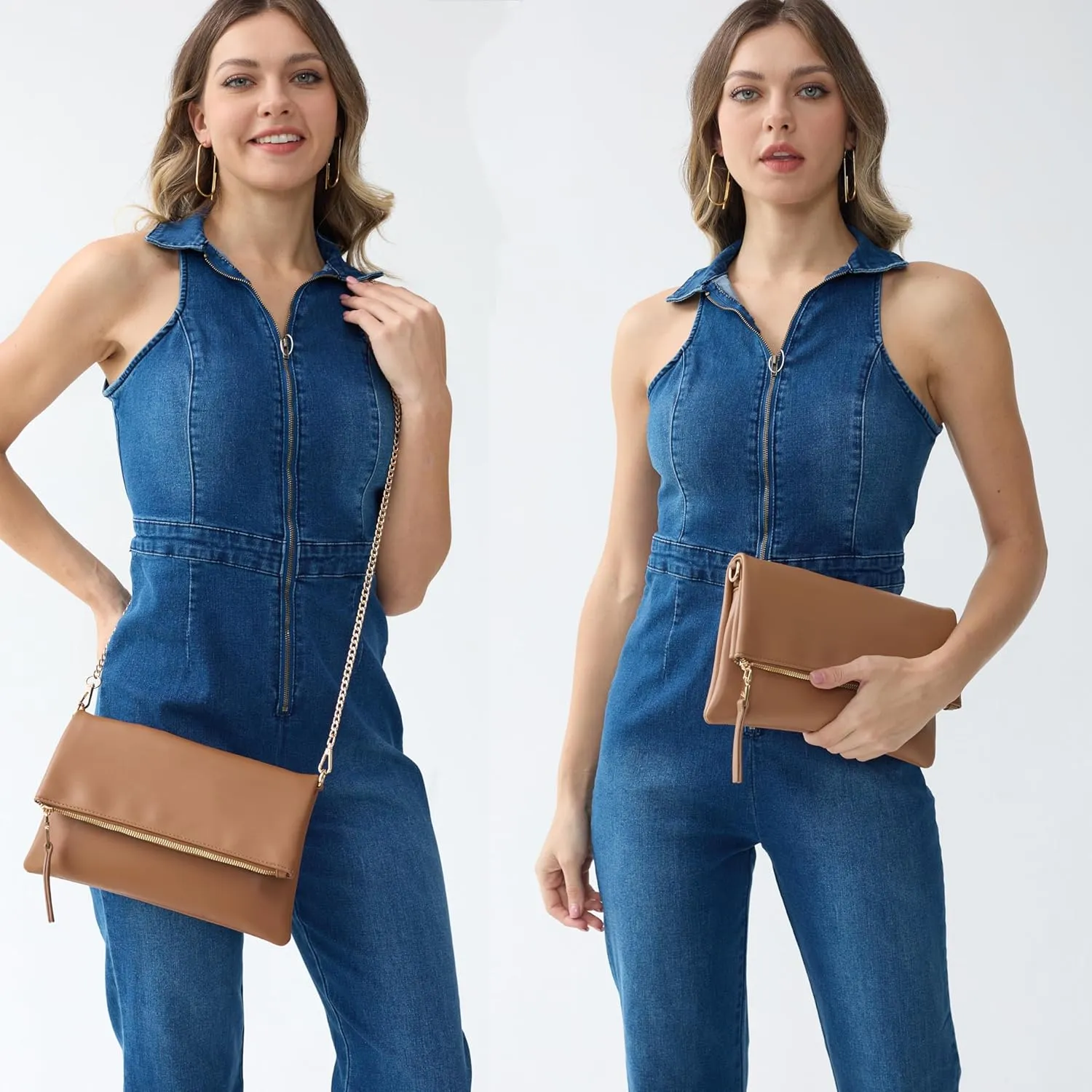 Women's Zipper Foldover Clutch Vegan Leather Envelope Cross body Bag with Chain Strap (Nude)