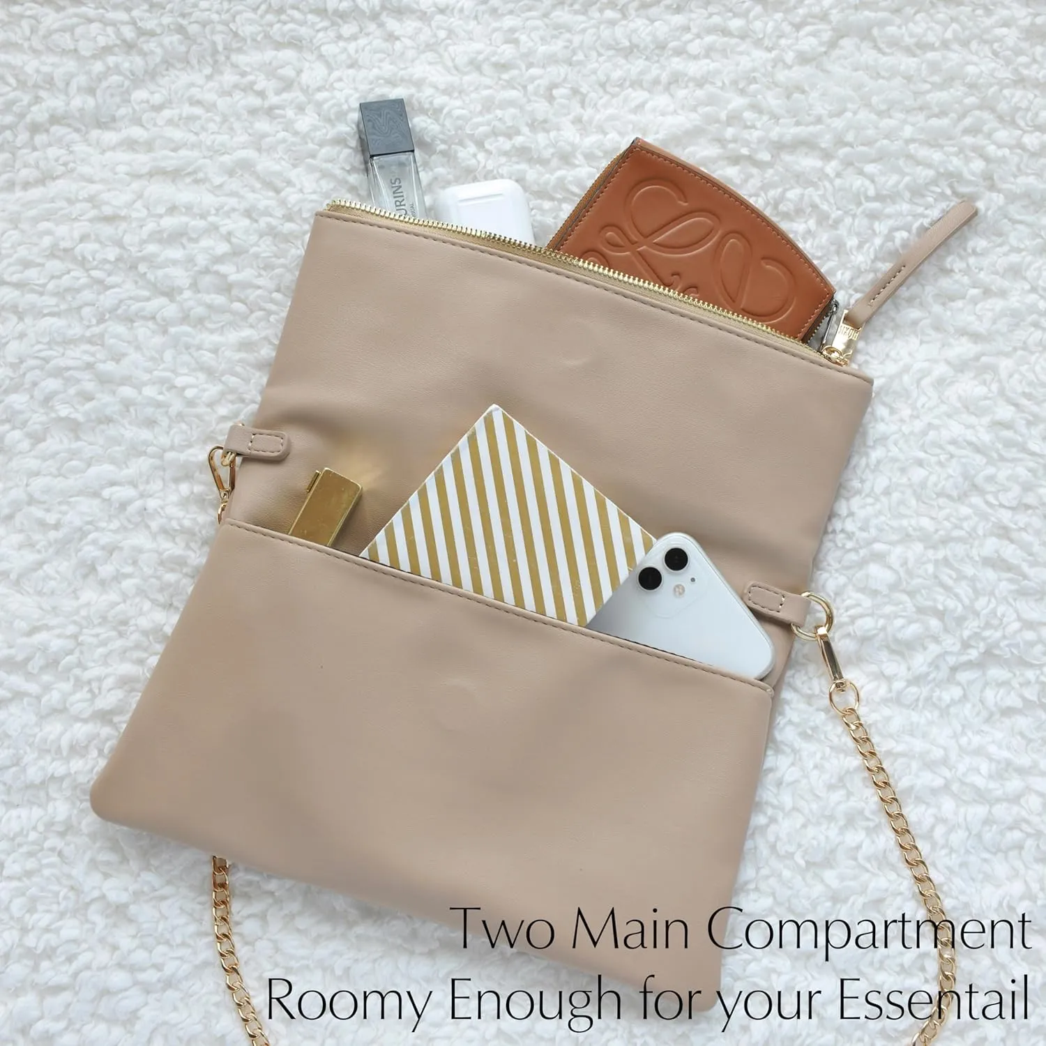 Women's Zipper Foldover Clutch Vegan Leather Envelope Cross body Bag with Chain Strap (Nude)
