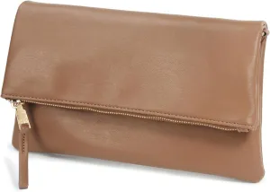 Women's Zipper Foldover Clutch Vegan Leather Envelope Cross body Bag with Chain Strap (Nude)