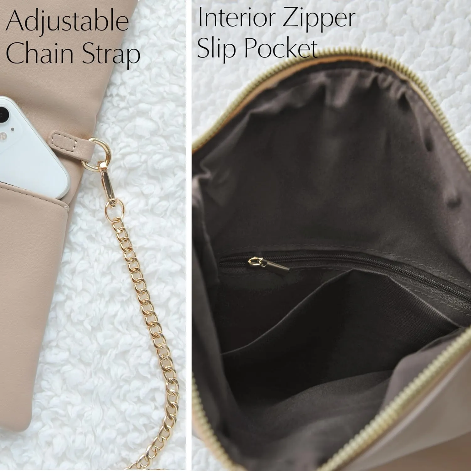 Women's Zipper Foldover Clutch Vegan Leather Envelope Cross body Bag with Chain Strap (Nude)