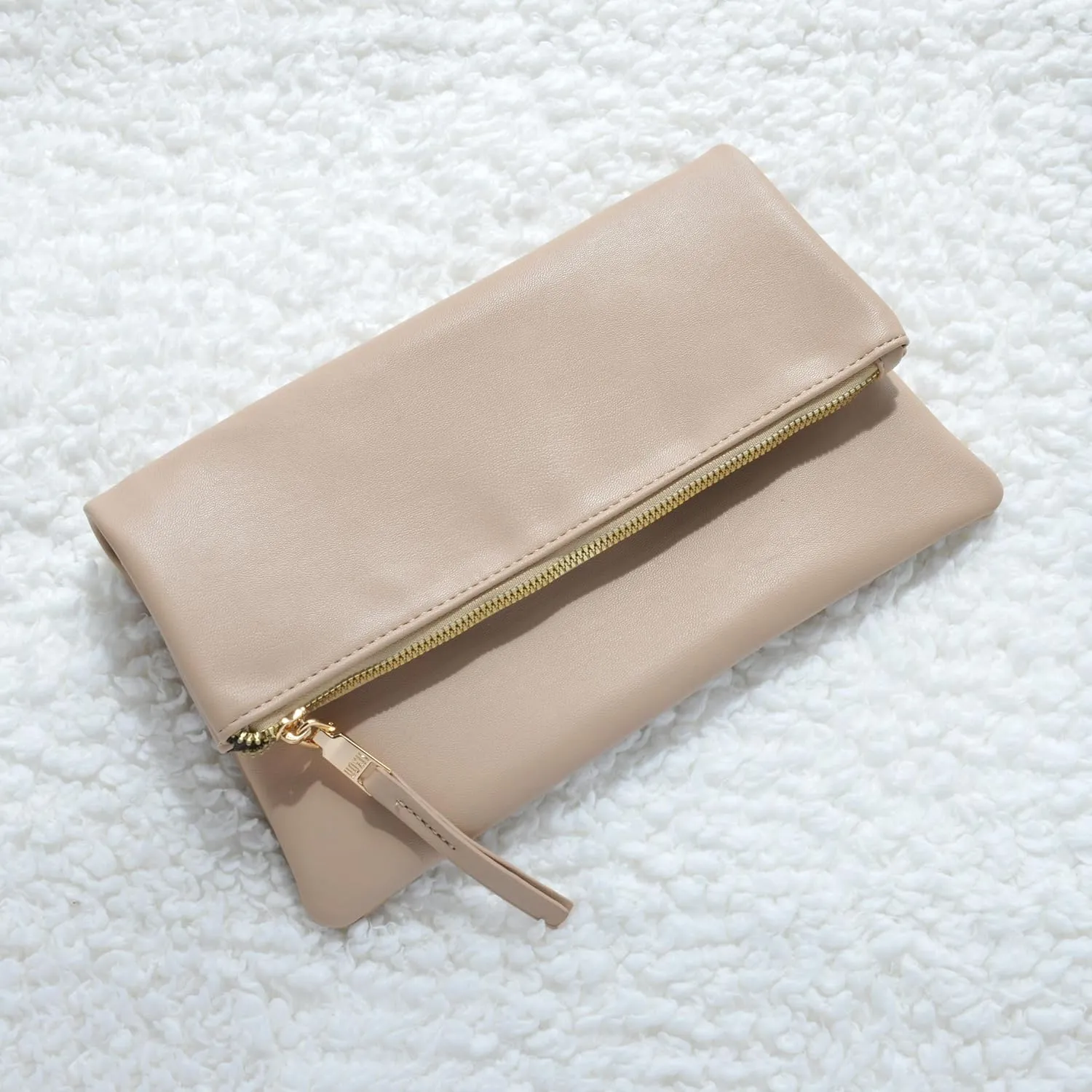 Women's Zipper Foldover Clutch Vegan Leather Envelope Cross body Bag with Chain Strap (Nude)