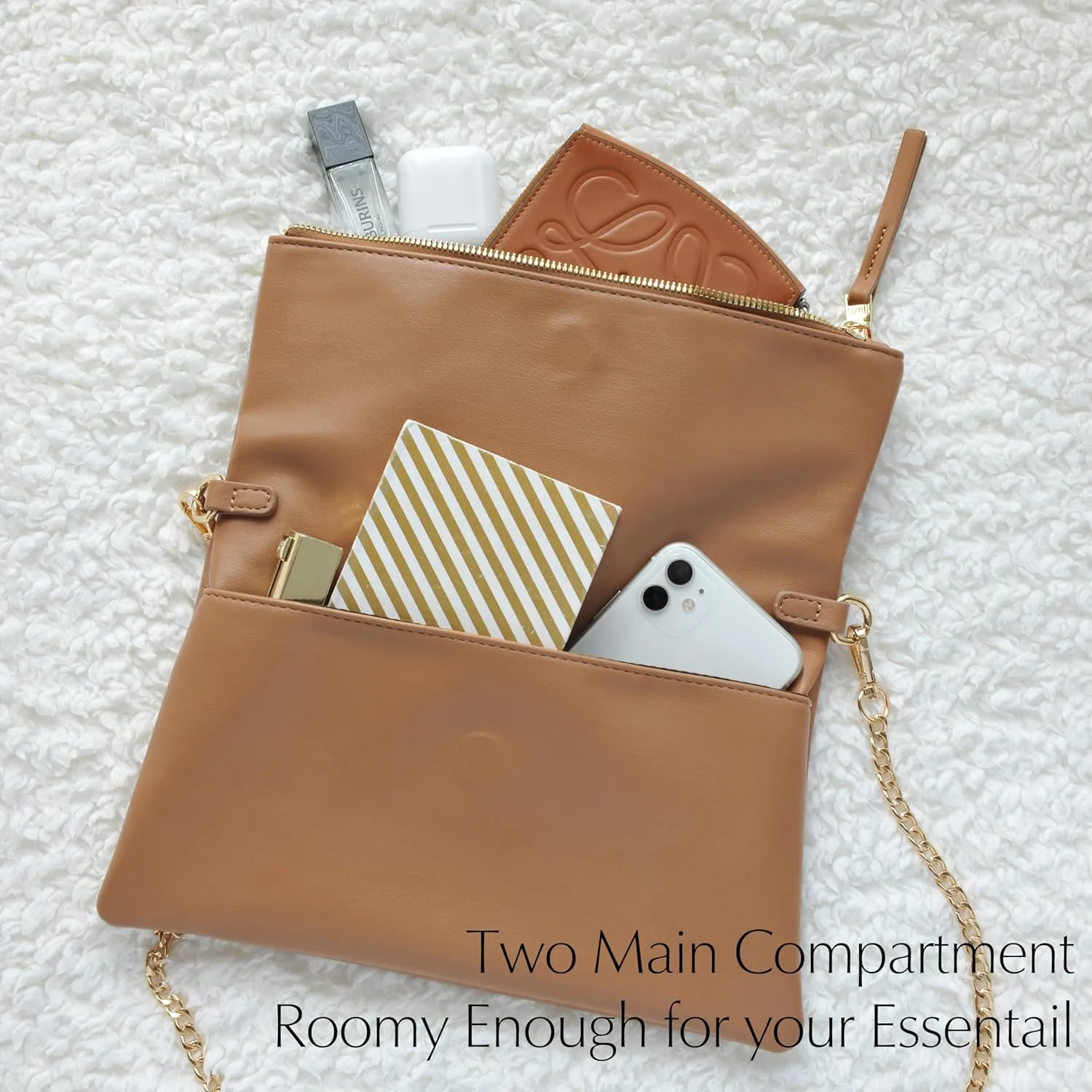 Women's Zipper Foldover Clutch Vegan Leather Envelope Cross body Bag with Chain Strap (Nude)