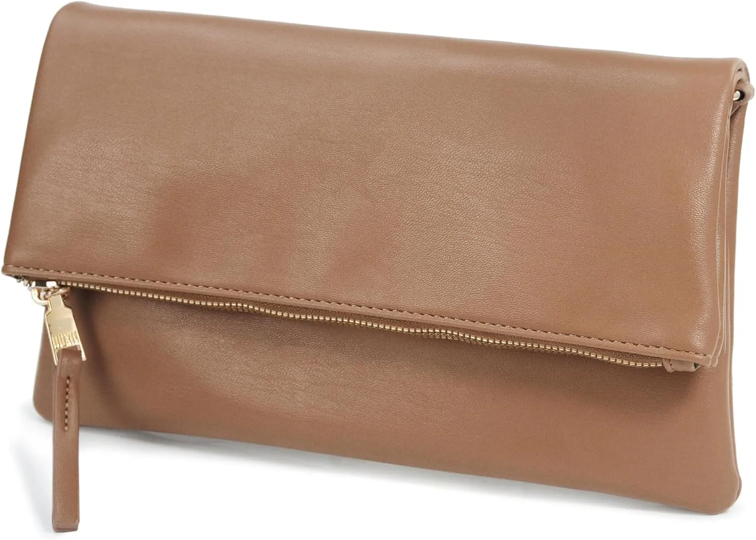 Women's Zipper Foldover Clutch Vegan Leather Envelope Cross body Bag with Chain Strap (Nude)