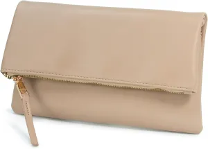Women's Zipper Foldover Clutch Vegan Leather Envelope Cross body Bag with Chain Strap (Nude)