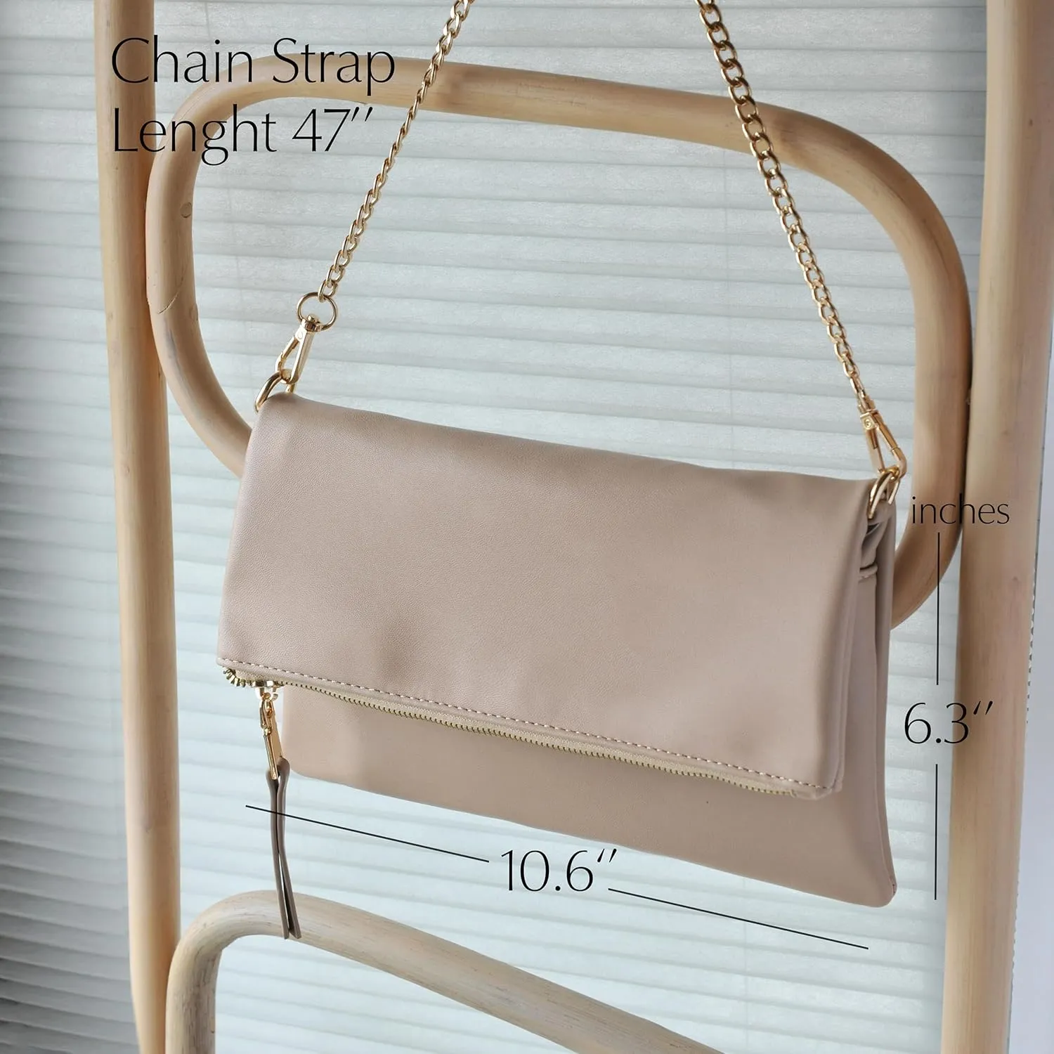 Women's Zipper Foldover Clutch Vegan Leather Envelope Cross body Bag with Chain Strap (Nude)