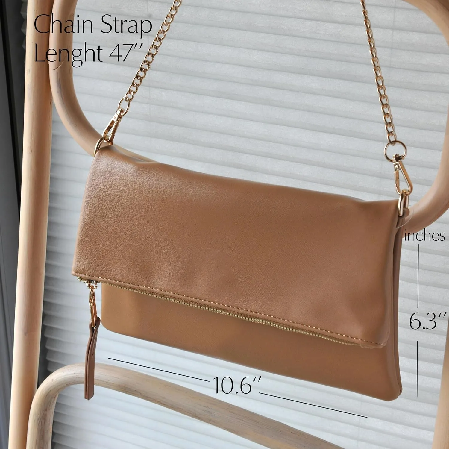 Women's Zipper Foldover Clutch Vegan Leather Envelope Cross body Bag with Chain Strap (Nude)