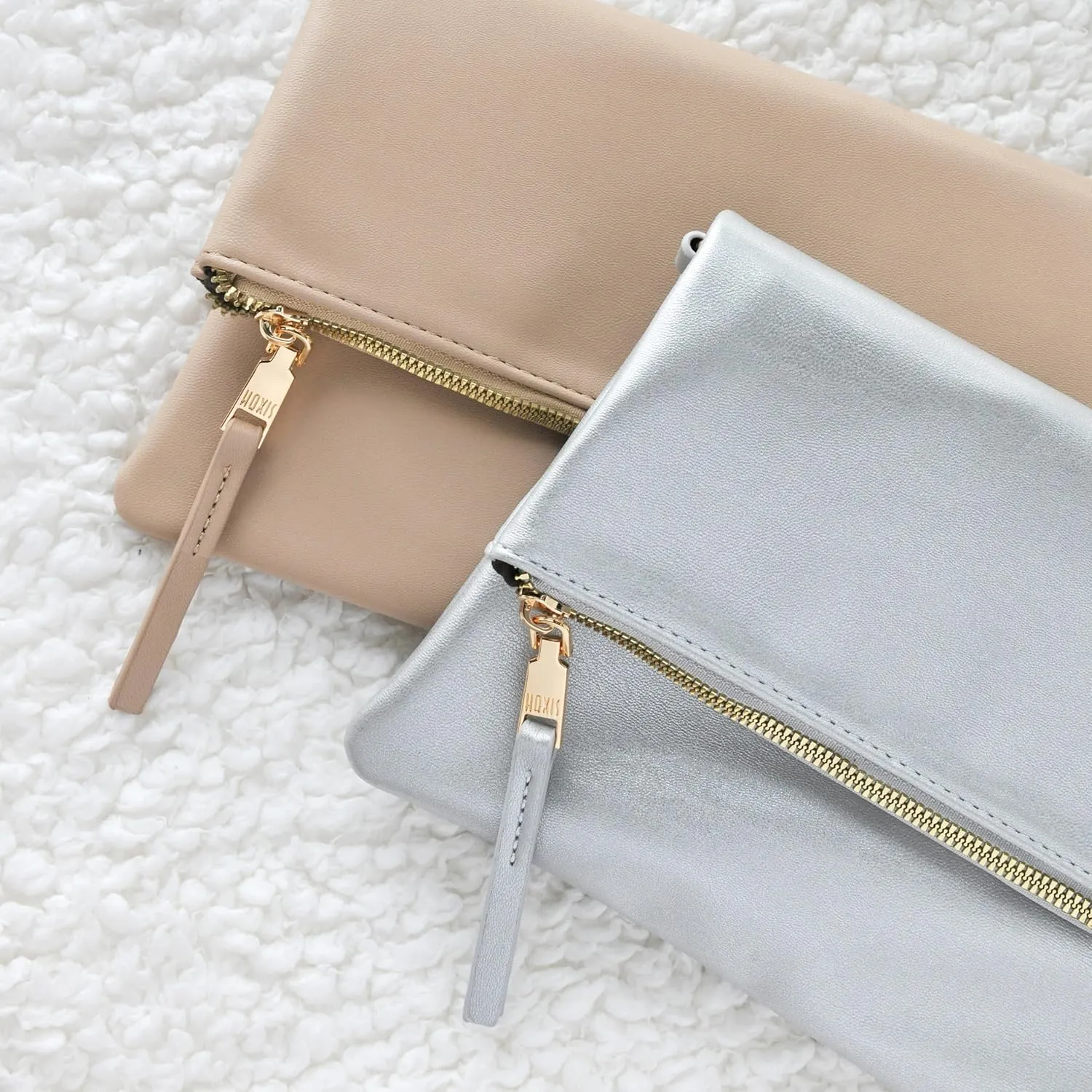 Women's Zipper Foldover Clutch Vegan Leather Envelope Cross body Bag with Chain Strap (Nude)