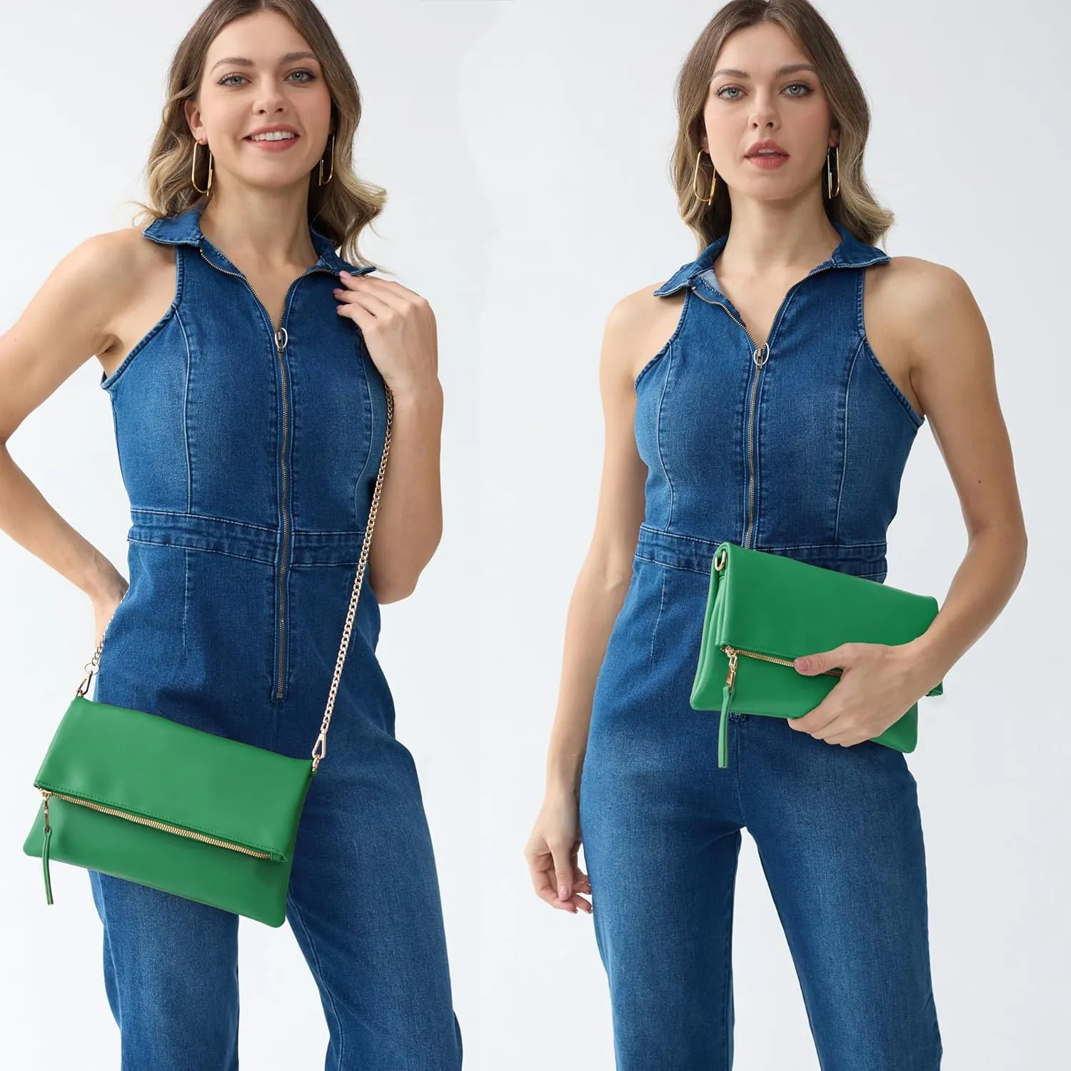 Women's Zipper Foldover Clutch Vegan Leather Envelope Cross body Bag with Chain Strap (Nude)