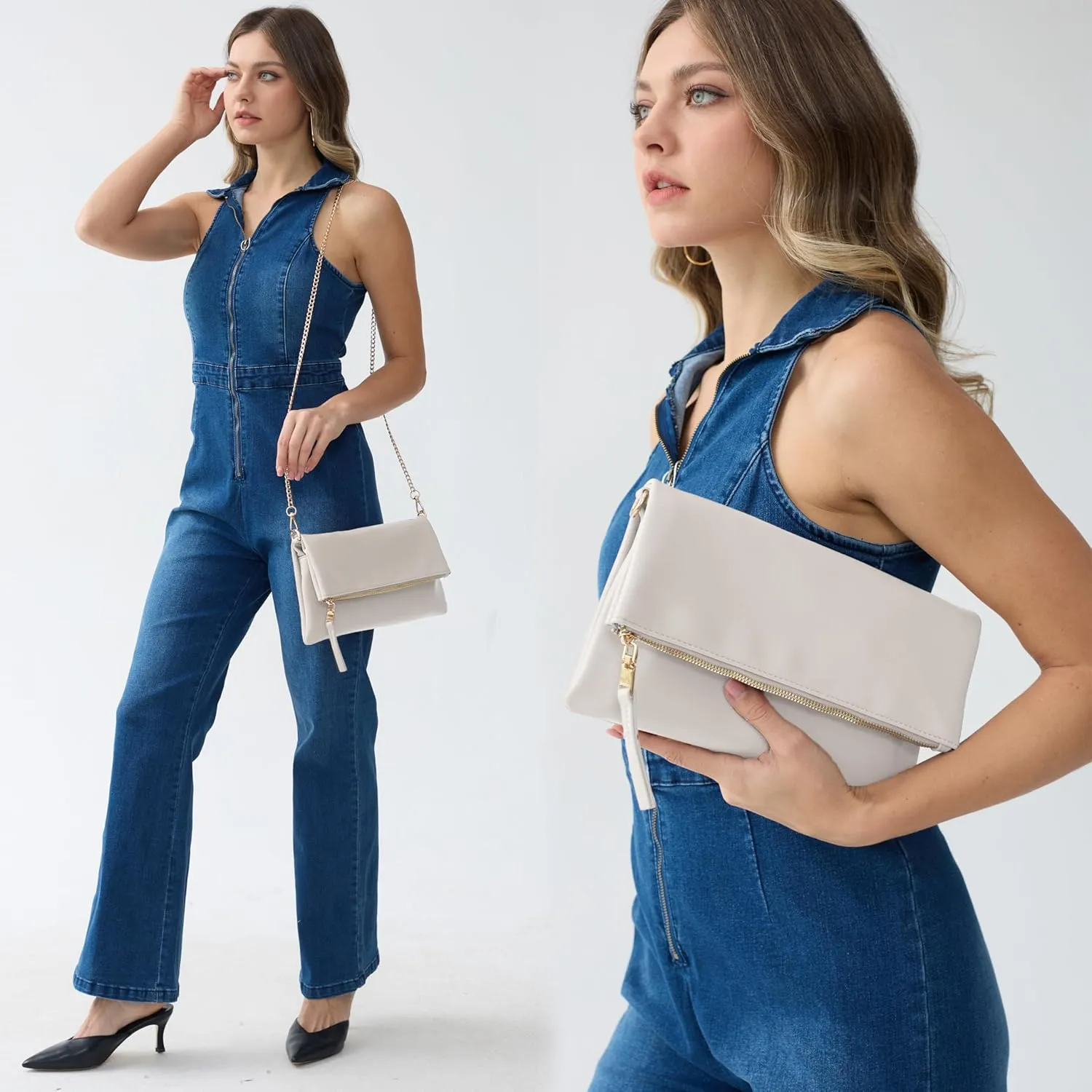 Women's Zipper Foldover Clutch Vegan Leather Envelope Cross body Bag with Chain Strap