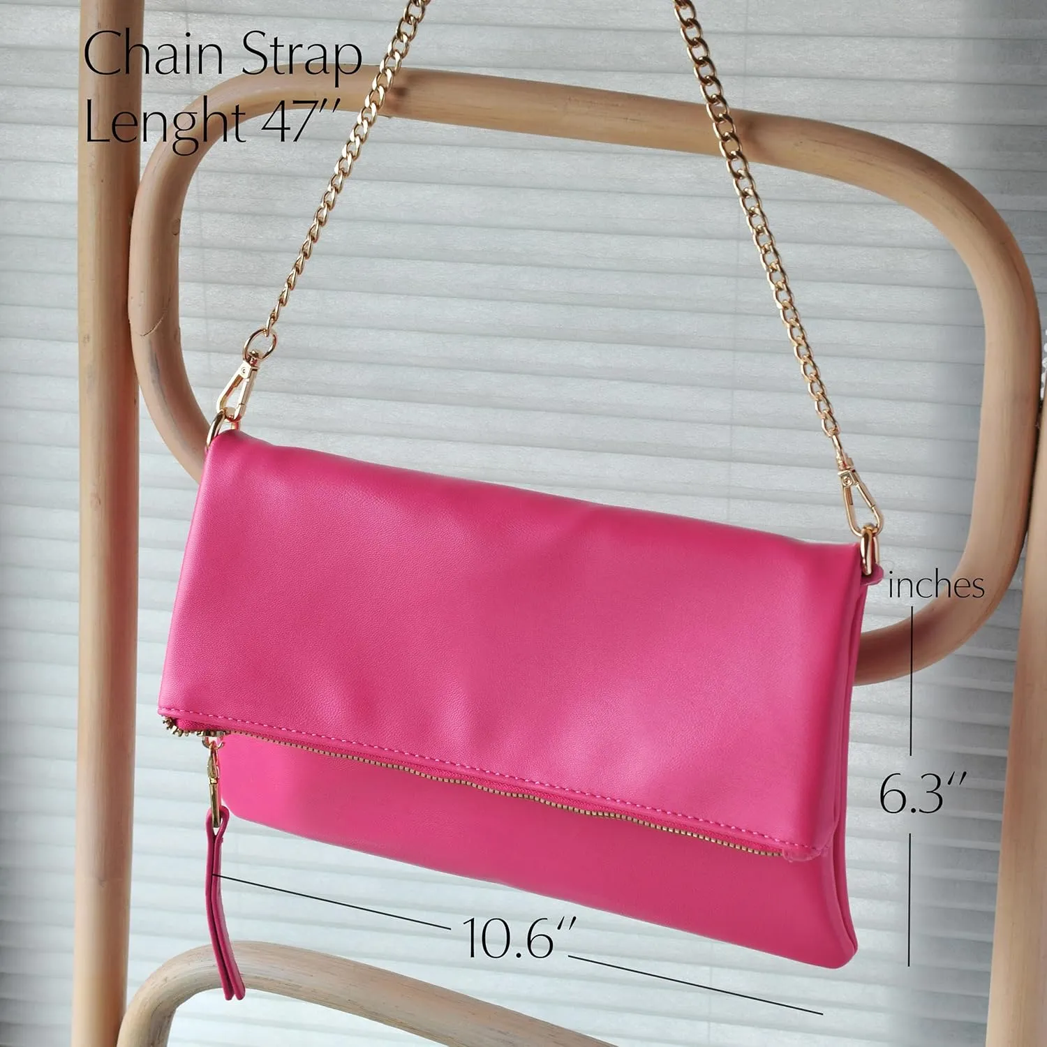 Women's Zipper Foldover Clutch Vegan Leather Envelope Cross body Bag with Chain Strap