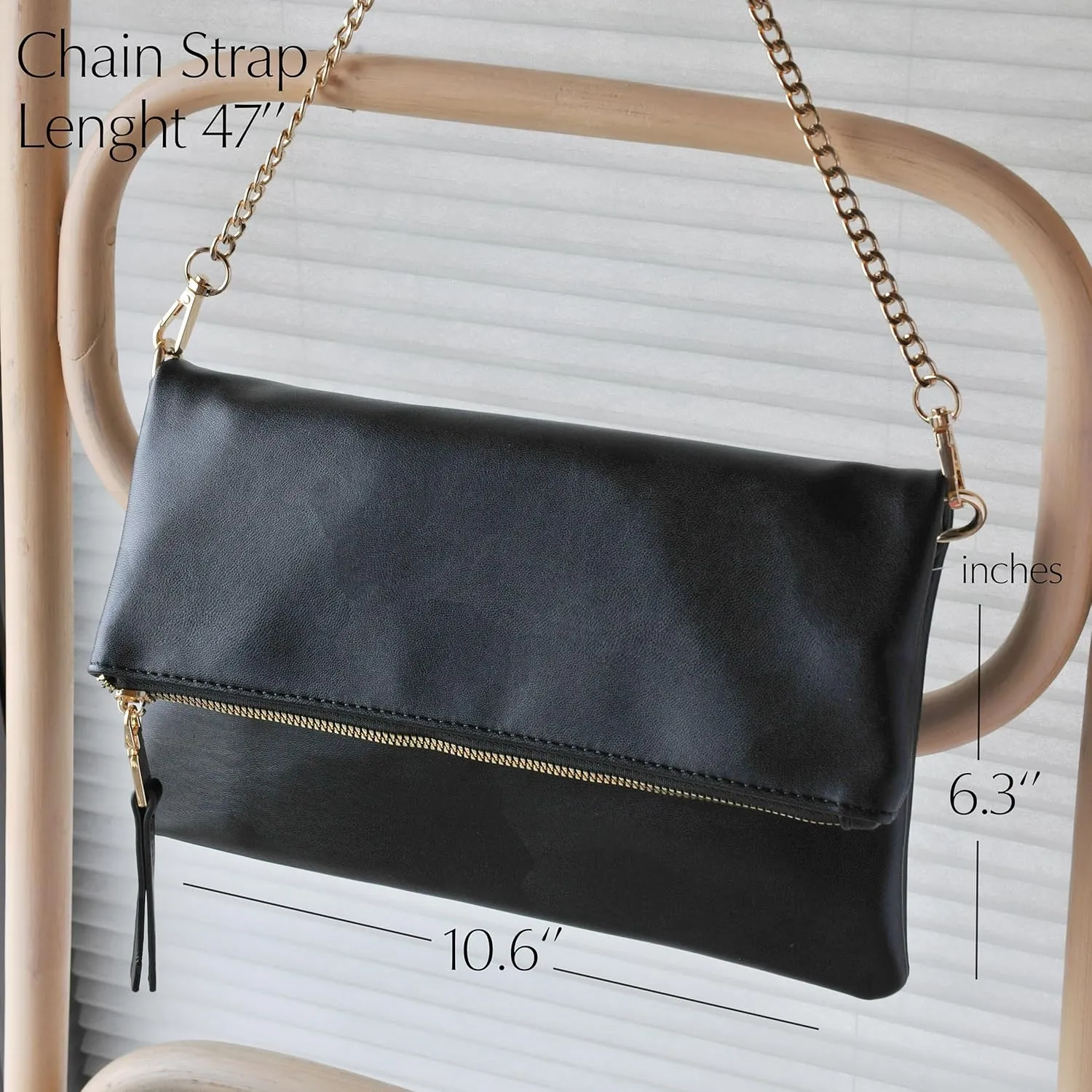 Women's Zipper Foldover Clutch Vegan Leather Envelope Cross body Bag with Chain Strap