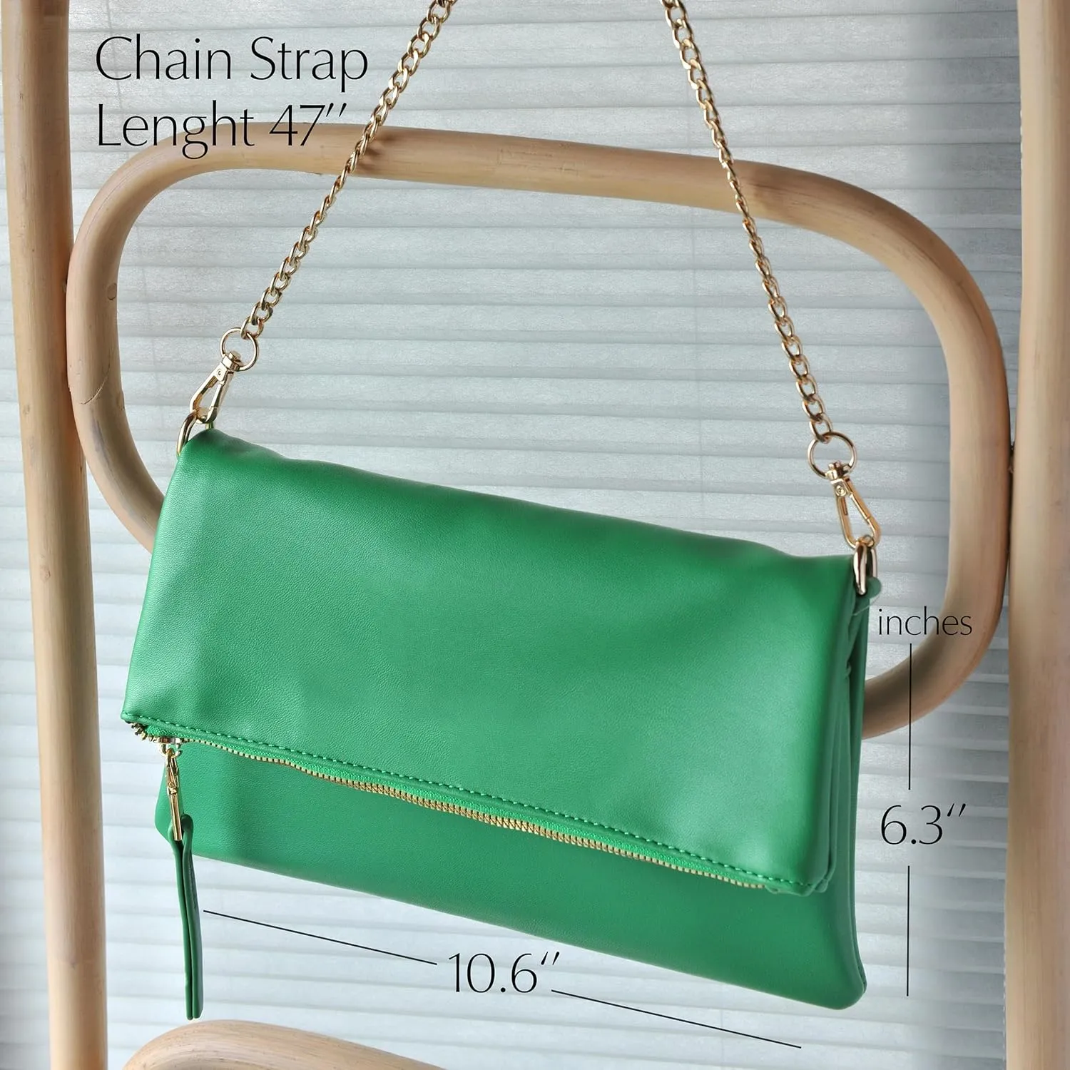Women's Zipper Foldover Clutch Vegan Leather Envelope Cross body Bag with Chain Strap