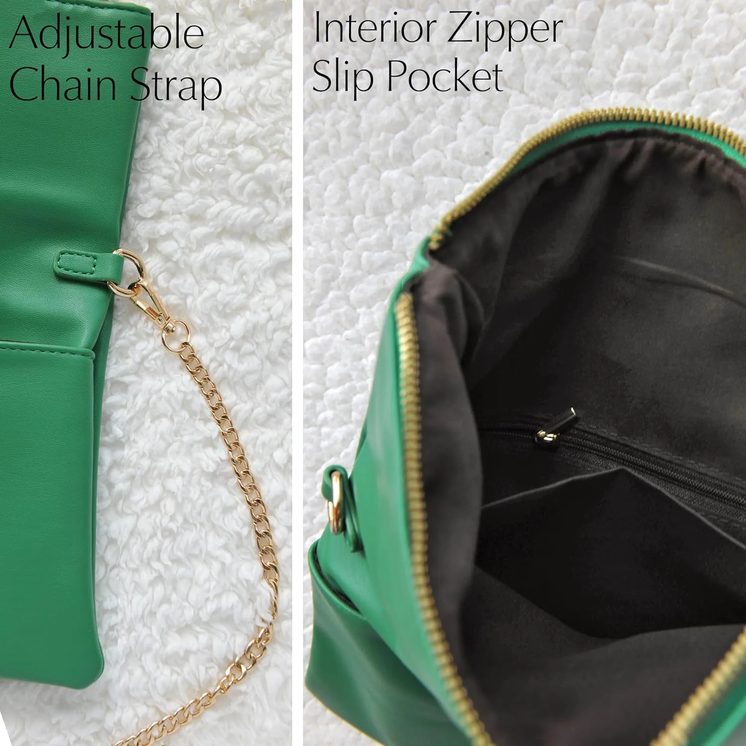 Women's Zipper Foldover Clutch Vegan Leather Envelope Cross body Bag with Chain Strap