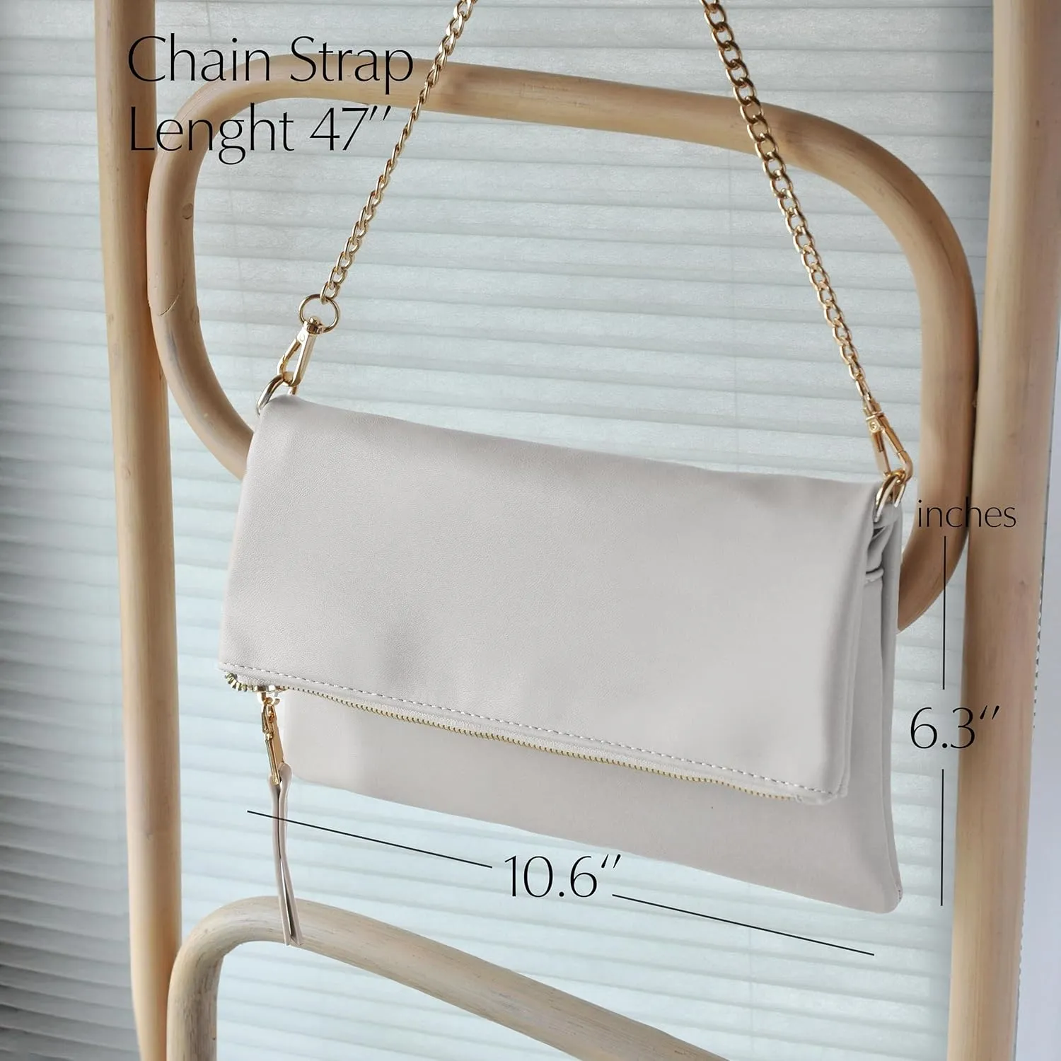 Women's Zipper Foldover Clutch Vegan Leather Envelope Cross body Bag with Chain Strap