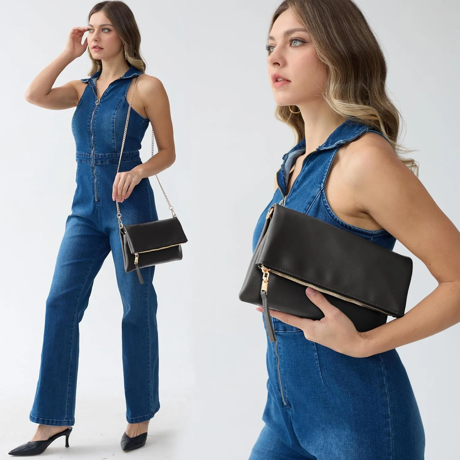 Women's Zipper Foldover Clutch Vegan Leather Envelope Cross body Bag with Chain Strap