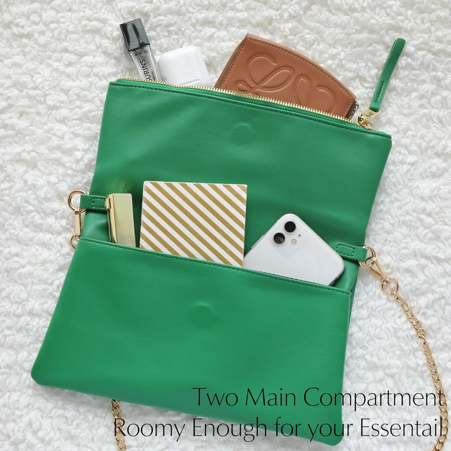 Women's Zipper Foldover Clutch Vegan Leather Envelope Cross body Bag with Chain Strap