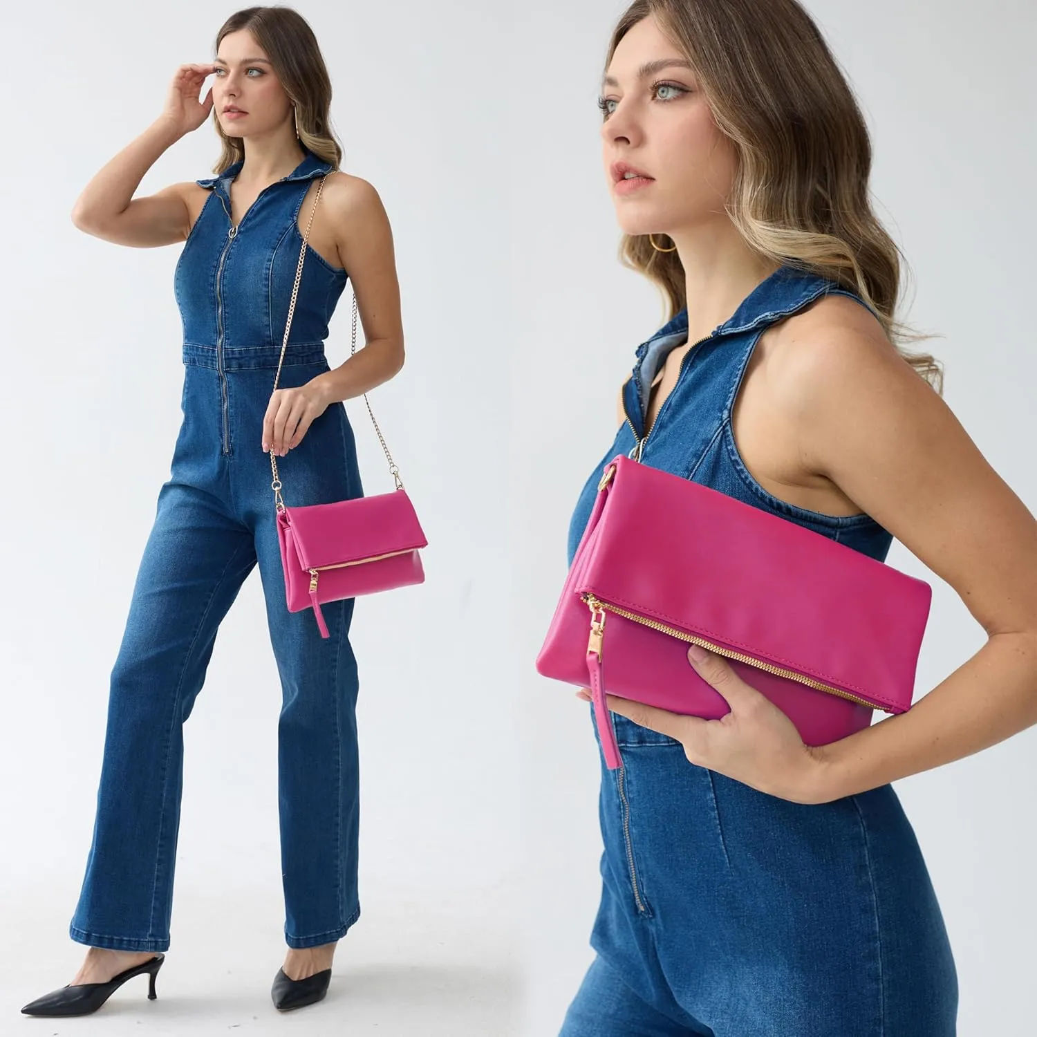 Women's Zipper Foldover Clutch Vegan Leather Envelope Cross body Bag with Chain Strap