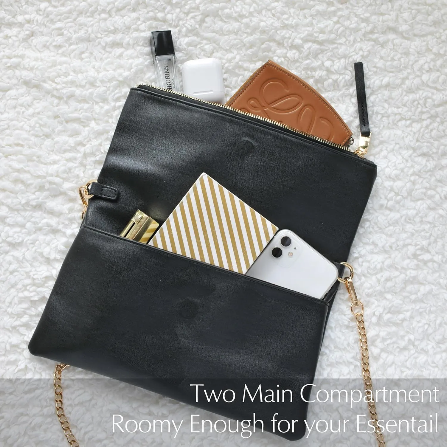 Women's Zipper Foldover Clutch Vegan Leather Envelope Cross body Bag with Chain Strap