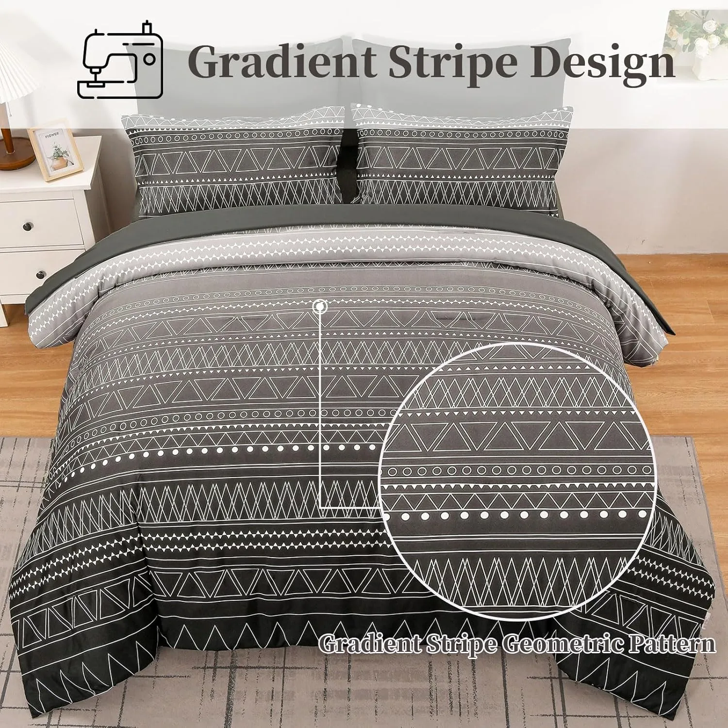 WONGS BEDDING Boho Black Grey Comforter Set Queen Size 7 Piece Stripe Gradient Bed in a Bag Bedding Set for All Seasons Reversible Soft Microfiber Comforter with Sheets, Pillowcases & Shams