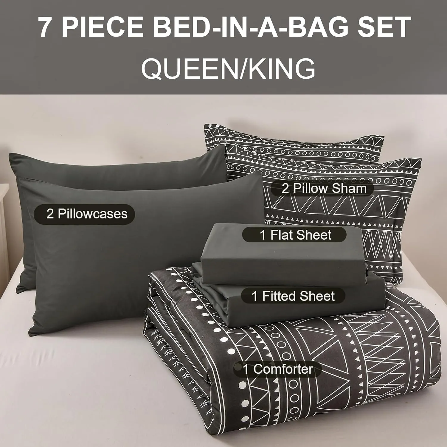 WONGS BEDDING Boho Black Grey Comforter Set Queen Size 7 Piece Stripe Gradient Bed in a Bag Bedding Set for All Seasons Reversible Soft Microfiber Comforter with Sheets, Pillowcases & Shams