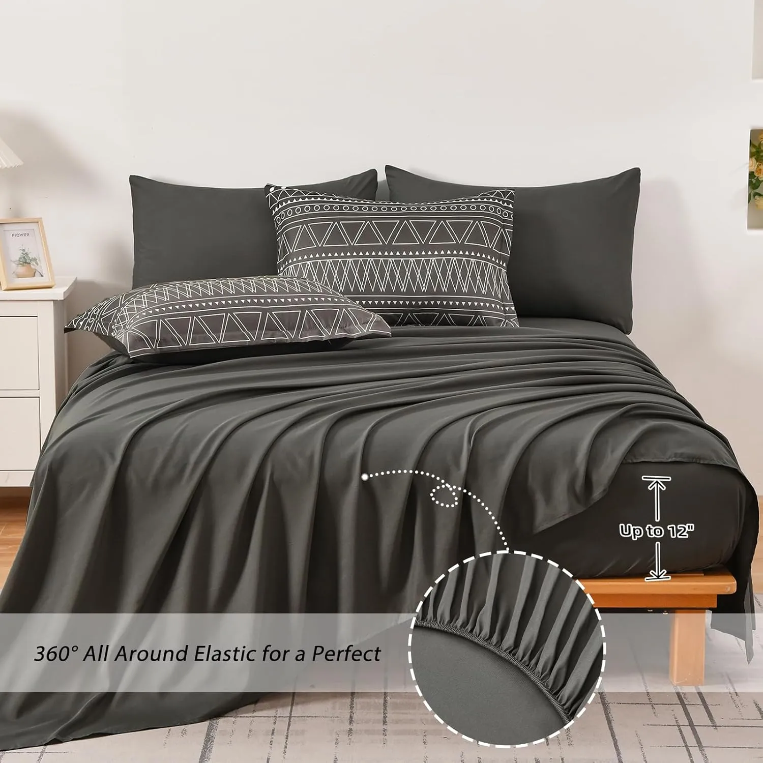 WONGS BEDDING Boho Black Grey Comforter Set Queen Size 7 Piece Stripe Gradient Bed in a Bag Bedding Set for All Seasons Reversible Soft Microfiber Comforter with Sheets, Pillowcases & Shams