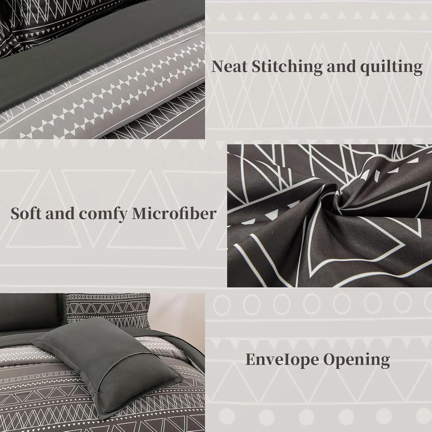 WONGS BEDDING Boho Black Grey Comforter Set Queen Size 7 Piece Stripe Gradient Bed in a Bag Bedding Set for All Seasons Reversible Soft Microfiber Comforter with Sheets, Pillowcases & Shams