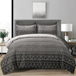 WONGS BEDDING Boho Black Grey Comforter Set Queen Size 7 Piece Stripe Gradient Bed in a Bag Bedding Set for All Seasons Reversible Soft Microfiber Comforter with Sheets, Pillowcases & Shams