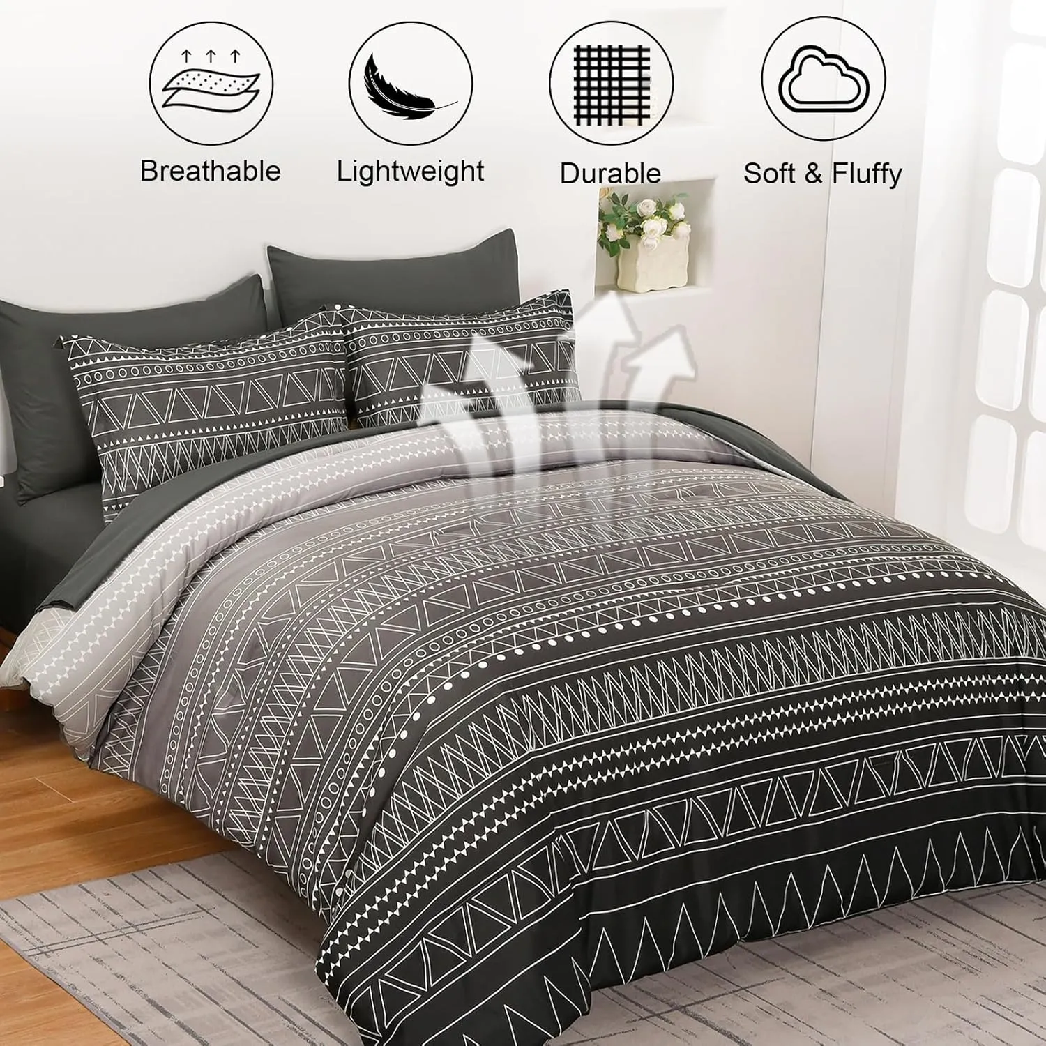 WONGS BEDDING Boho Black Grey Comforter Set Queen Size 7 Piece Stripe Gradient Bed in a Bag Bedding Set for All Seasons Reversible Soft Microfiber Comforter with Sheets, Pillowcases & Shams
