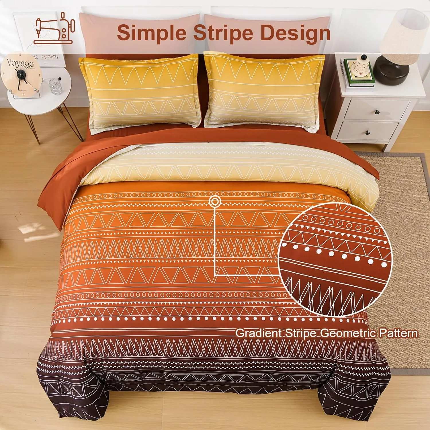 WONGS BEDDING Boho Comforter Set Queen,Burnt Orange Gradient Stripe Bed in a Bag Bedding Set for All Seasons,7 Piece Geometric Reversible Lightweight Comforter with Sheets, Pillowcases & Shams