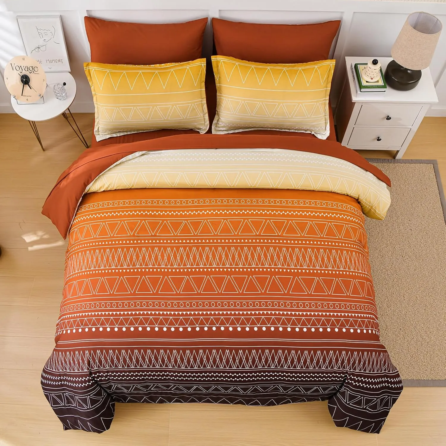 WONGS BEDDING Boho Comforter Set Queen,Burnt Orange Gradient Stripe Bed in a Bag Bedding Set for All Seasons,7 Piece Geometric Reversible Lightweight Comforter with Sheets, Pillowcases & Shams