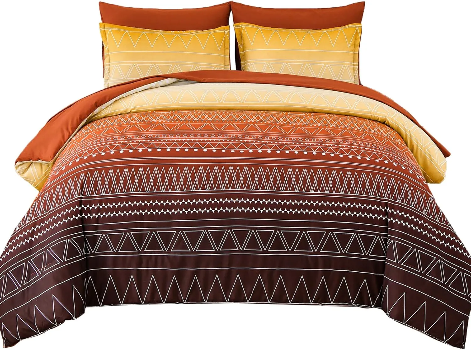 WONGS BEDDING Boho Comforter Set Queen,Burnt Orange Gradient Stripe Bed in a Bag Bedding Set for All Seasons,7 Piece Geometric Reversible Lightweight Comforter with Sheets, Pillowcases & Shams