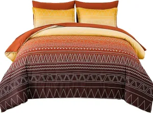 WONGS BEDDING Boho Comforter Set Queen,Burnt Orange Gradient Stripe Bed in a Bag Bedding Set for All Seasons,7 Piece Geometric Reversible Lightweight Comforter with Sheets, Pillowcases & Shams