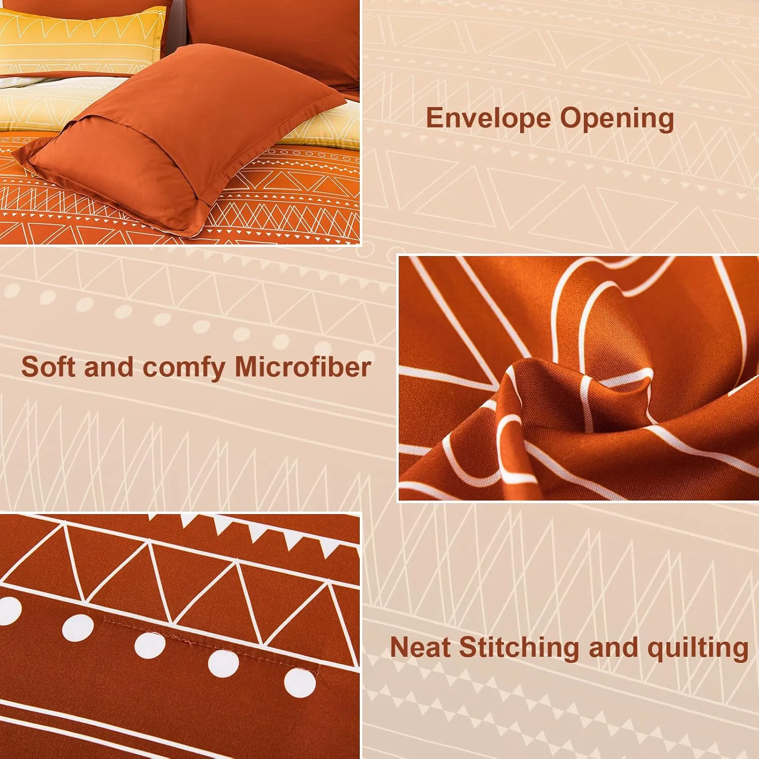 WONGS BEDDING Boho Comforter Set Queen,Burnt Orange Gradient Stripe Bed in a Bag Bedding Set for All Seasons,7 Piece Geometric Reversible Lightweight Comforter with Sheets, Pillowcases & Shams