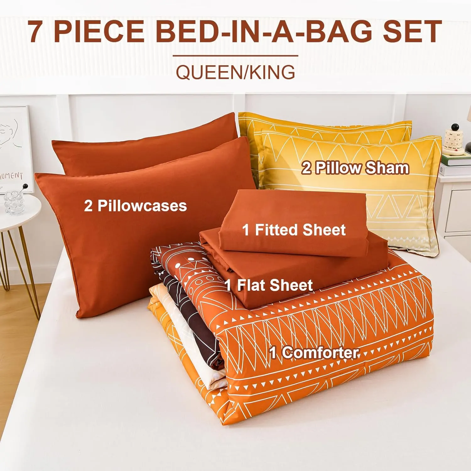 WONGS BEDDING Boho Comforter Set Queen,Burnt Orange Gradient Stripe Bed in a Bag Bedding Set for All Seasons,7 Piece Geometric Reversible Lightweight Comforter with Sheets, Pillowcases & Shams