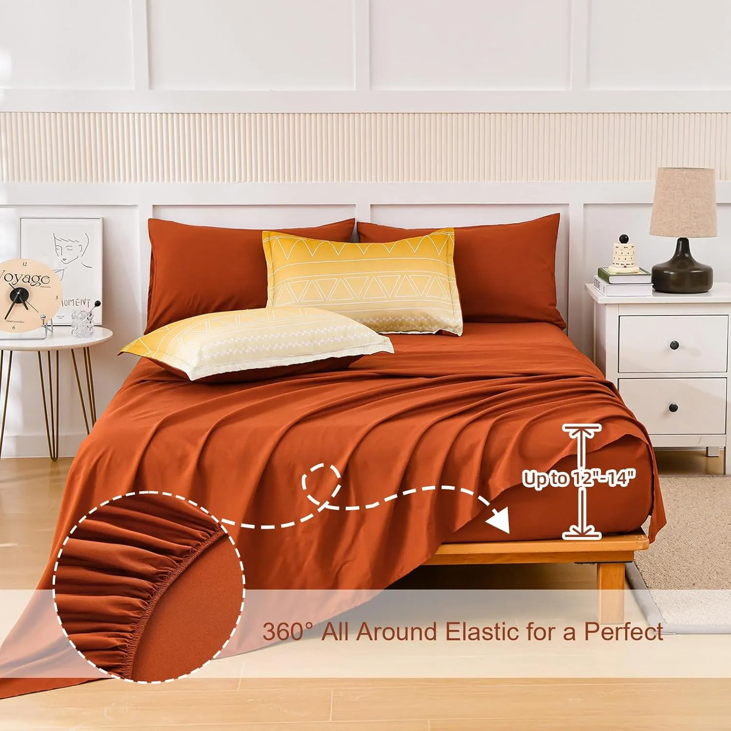 WONGS BEDDING Boho Comforter Set Queen,Burnt Orange Gradient Stripe Bed in a Bag Bedding Set for All Seasons,7 Piece Geometric Reversible Lightweight Comforter with Sheets, Pillowcases & Shams
