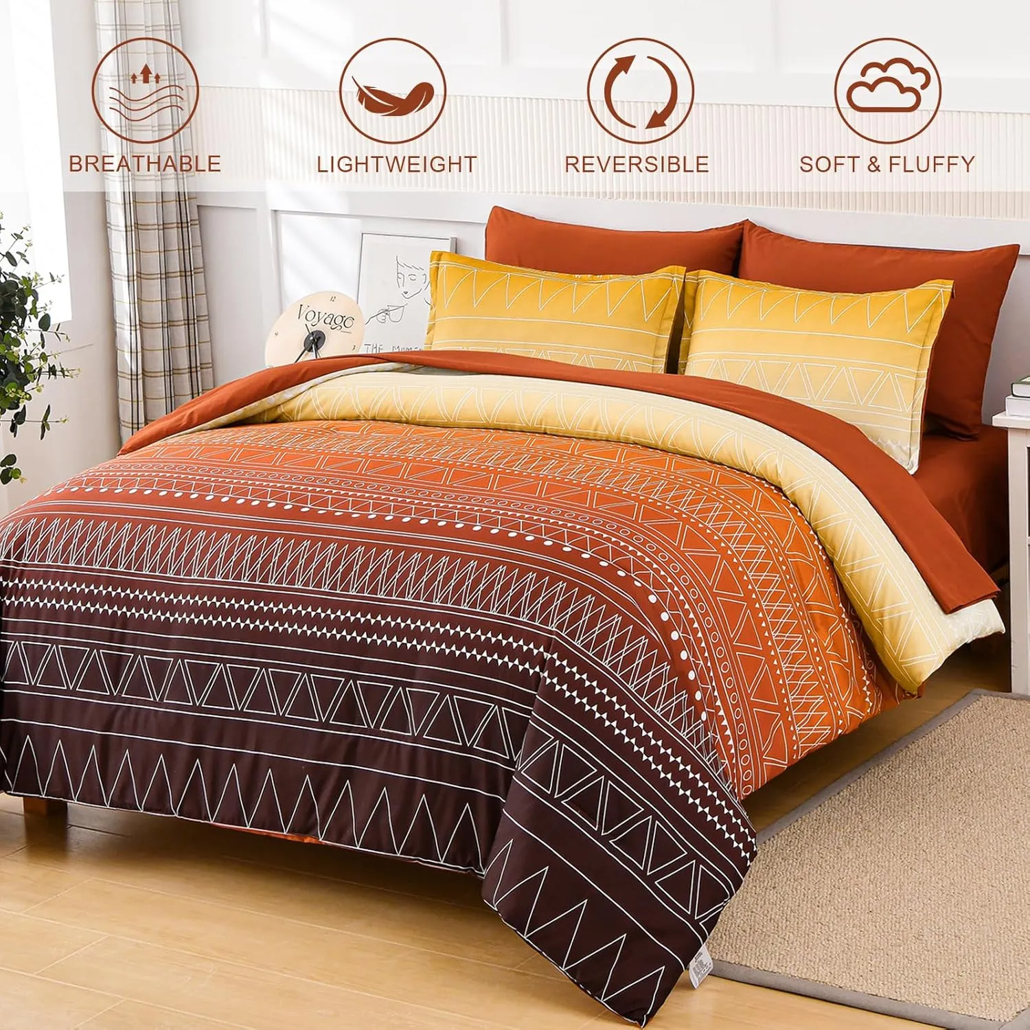 WONGS BEDDING Boho Comforter Set Queen,Burnt Orange Gradient Stripe Bed in a Bag Bedding Set for All Seasons,7 Piece Geometric Reversible Lightweight Comforter with Sheets, Pillowcases & Shams